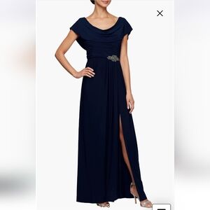 NWT Alex Evenings Cowl Neck Beaded Waist Evening Gown In Navy